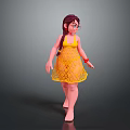 Girl Character With Brown Braid Glasses Yellow Lace Dress Barefoot On Gray Gradient Background