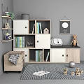 Modern Kids Room Bookcase With Wooden White Compartments Books Toys Building Blocks And Wall Art