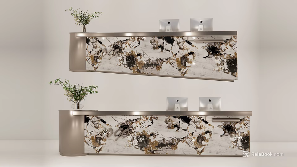 Elegant Modern Reception Desk With Marble Pattern Metal Frame And Potted Plants 3d model 