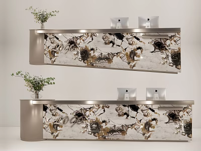 Elegant Modern Reception Desk With Marble Pattern Metal Frame And Potted Plants 3d model