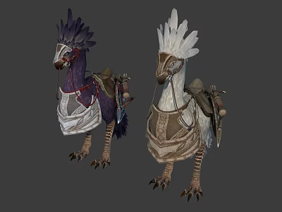 Fantasy Character and Feathered Mounts with Decorative Saddles and Ornate Armor 3d model