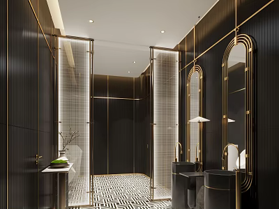 Modern Elegant Public Restroom With Black And Gold Decor Marble Countertops Mirrors And Lighting Design 3d model
