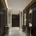 Modern Elegant Public Restroom With Black And Gold Decor Marble Countertops Mirrors And Lighting Design