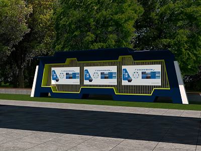 Traffic Signage At Bus Stop With Blue Yellow Structure And Green Trees Background 3d model