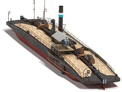 Vintage Steamship 3D Model With Wooden Deck Blue Stripe Chimney And Railings 3d model