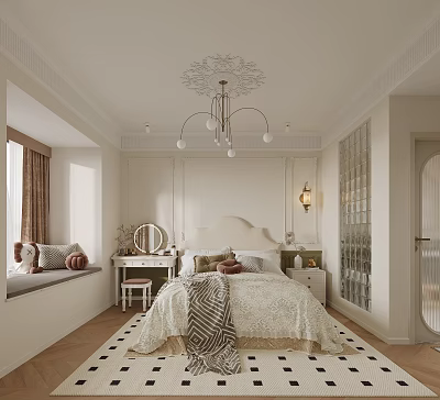 Elegant Modern Bedroom Interior With Carved Ceiling Chandelier White Walls Window Seat And Glass Partition 3d model