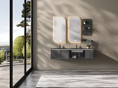 Modern Wall Mounted Vanity With Double Illuminated Mirrors And Shelves In Bathroom 3d model
