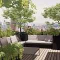 Luxurious Villa Balcony With Green Plants Sofa Coffee Table And City View