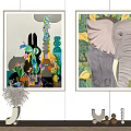 Wall Decor with Two Framed Artworks Abstract Colorful Design and Elephant Leaf Pattern 3d model