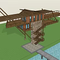 Wooden Road Facilities With Stone Spiral Staircase And Waterfront Pier Platform