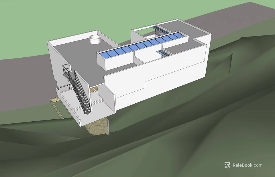 Modern Detached Villa With Hillside Setting White Exterior Staircase And Roof Terrace 3d model 