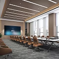 Modern Conference Room Interior With Long Conference Table Chairs Large Screen Windows And Wooden Walls