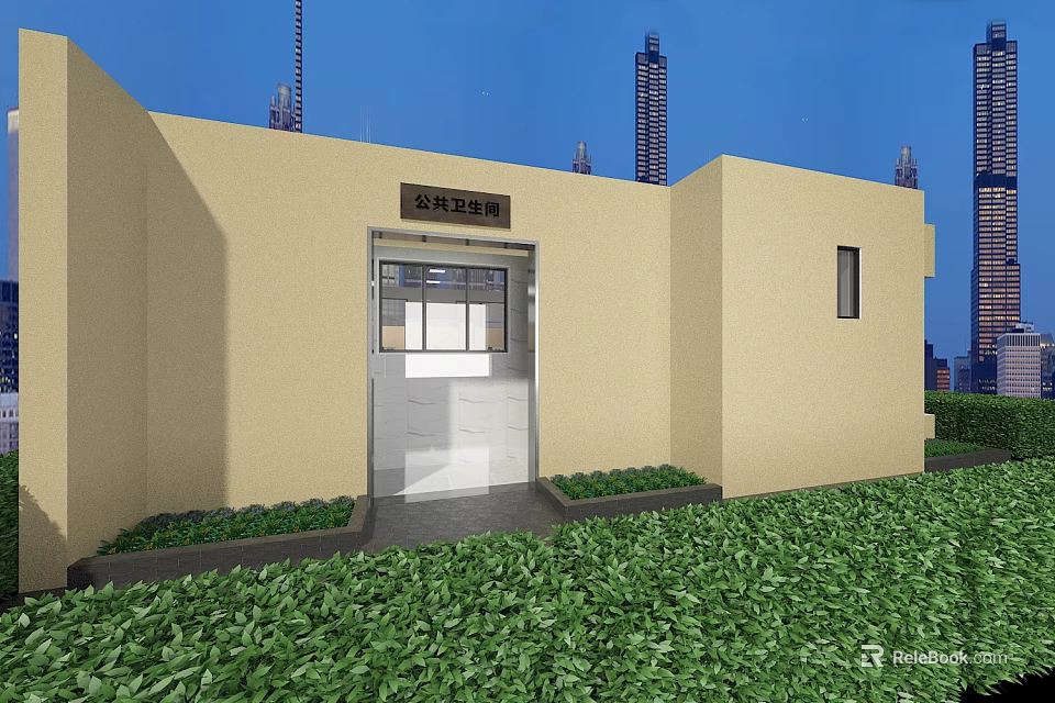 Public Toilet Exterior View With Beige Walls Front Green Shrubs Against Urban Tall Buildings 3d model 