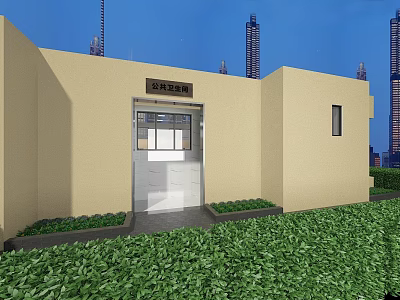 Public Toilet Exterior View With Beige Walls Front Green Shrubs Against Urban Tall Buildings 3d model