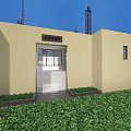 Public Toilet Exterior View With Beige Walls Front Green Shrubs Against Urban Tall Buildings