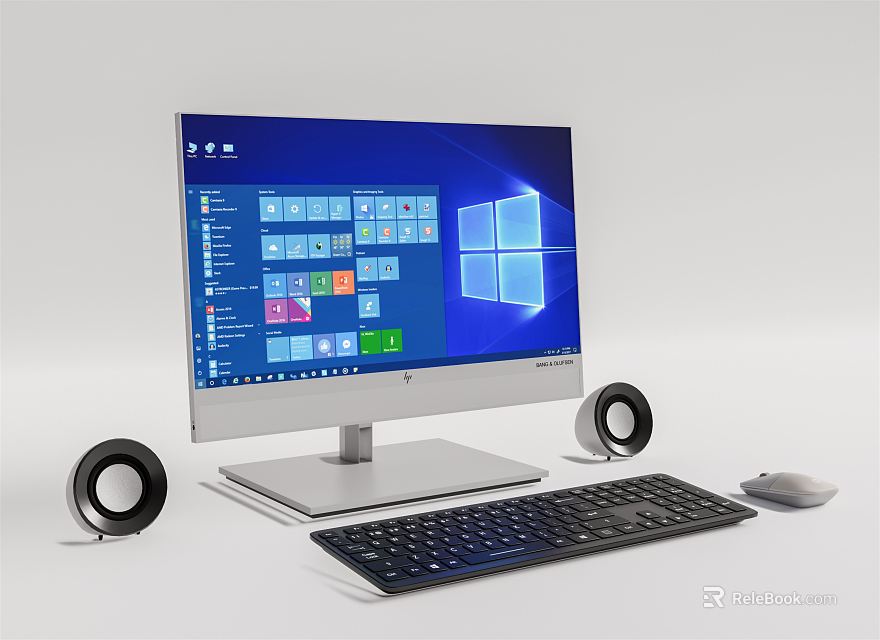 Modern All in One Desktop Computer with Windows Interface Speakers Keyboard and Mouse Setup 3d model 