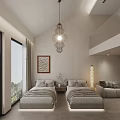 Modern Loft Hotel Room Interior With Double Beds Hanging Lamp And Decorative Painting