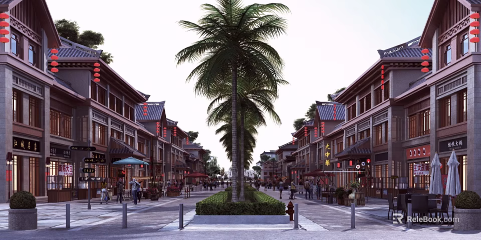 Vibrant Chinese Traditional Commercial Street With Palm Trees And Shoppers 3d model 