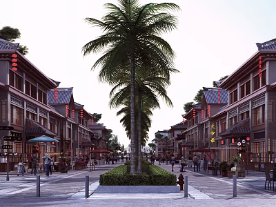 Vibrant Chinese Traditional Commercial Street With Palm Trees And Shoppers 3d model
