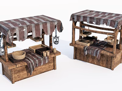 Traditional Wooden Market Stalls With Striped Canopies And Handcrafted Bowls Baskets 3d model