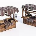Traditional Wooden Market Stalls With Striped Canopies And Handcrafted Bowls Baskets
