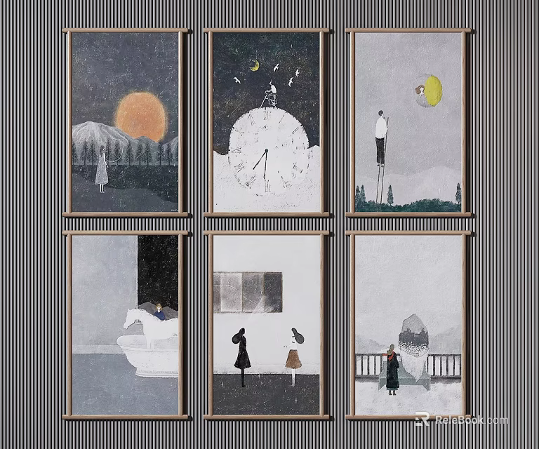 Six Modern Art Prints Featuring Sun Moon Clock And Human Figures Scenes 3d model