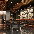 Modern Hotpot Restaurant Interior With Wooden Ceiling Plant Murals Warm Lighting And Food Display Screens