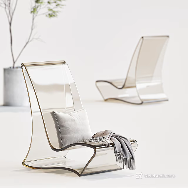 Transparent Acrylic Lounge Chair With White Cushion And Gray Throw Blanket 3d model 