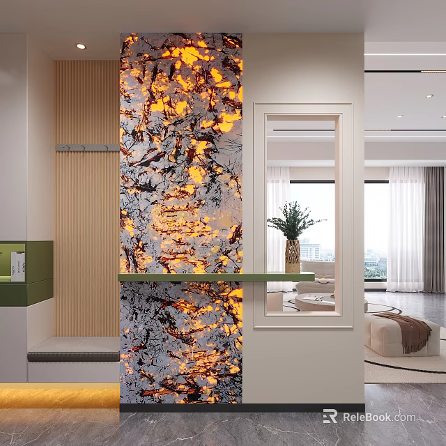 Foyer Interior Design With Artistic Decor Wall Mirror And Greenery 3d model