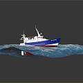 Red White and Blue Wooden Boat Sailing on Blue Waves with Deck and Mast