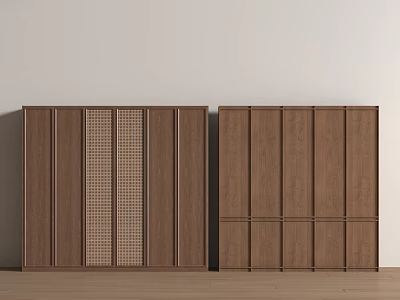 Two Modern Wooden Wardrobes With Lattice And Vertical Panel Details In Minimalist Room 3d model
