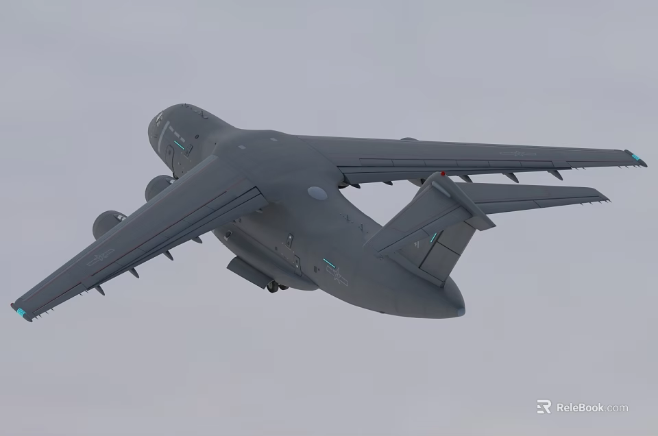 Gray Passenger Airplane Flying With Extended Wings In Overcast Sky 3d model 