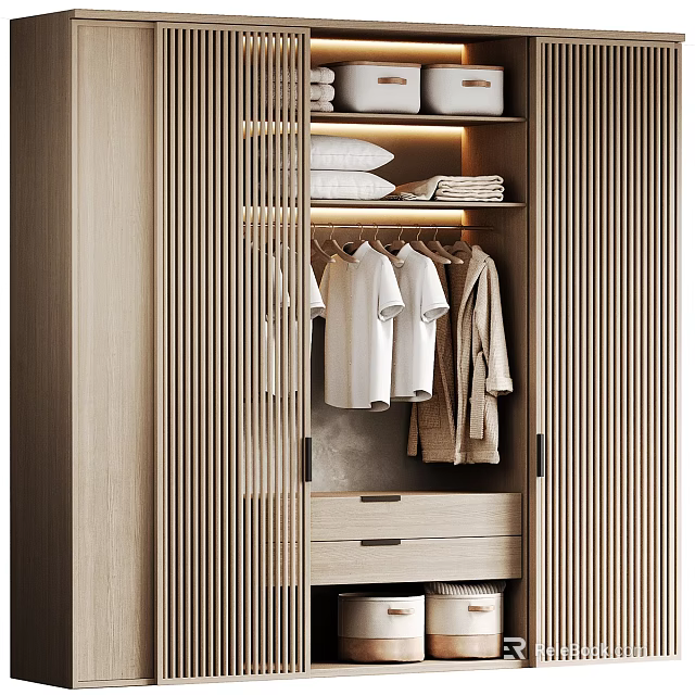 Modern Minimalist Wardrobe Interior Design With Hanging Shirts Folded Linens And Drawers 3d model 