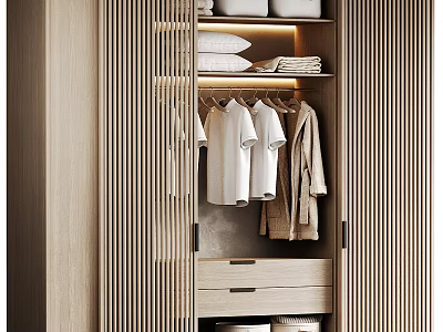 Modern Minimalist Wardrobe Interior Design With Hanging Shirts Folded Linens And Drawers 3d model