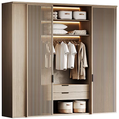 Modern Minimalist Wardrobe Interior Design With Hanging Shirts Folded Linens And Drawers 3d model