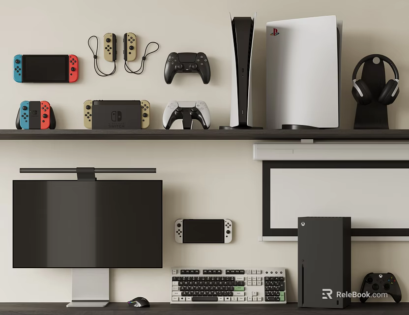 Gaming Computer Setup With Monitor Keyboard Mouse Controllers Headphones And Console 3d model 
