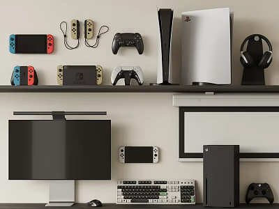 Gaming Computer Setup With Monitor Keyboard Mouse Controllers Headphones And Console 3d model