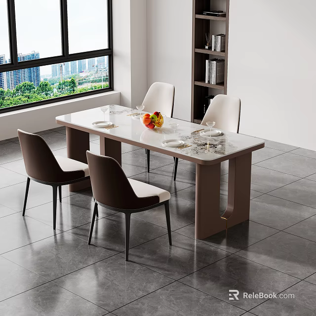 Modern Rectangular Dining Table Set With Four Brown Beige Chairs Fruit Bowl Large Window View 3d model 