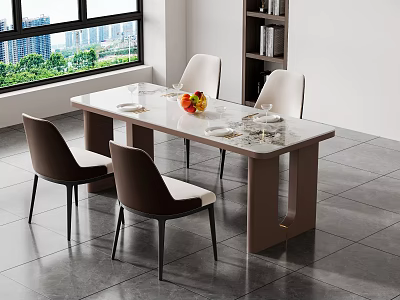 Modern Rectangular Dining Table Set With Four Brown Beige Chairs Fruit Bowl Large Window View 3d model
