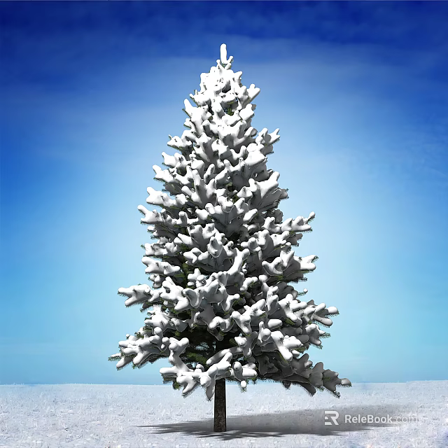 Beautiful Snow Covered Tall Evergreen Tree Under Clear Blue Sky 3d model