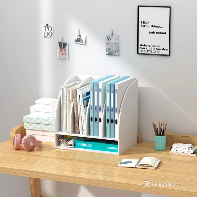 Folders in White Desktop Organizer with Blue and White Files on Wooden Desk and Stationery 3d model 