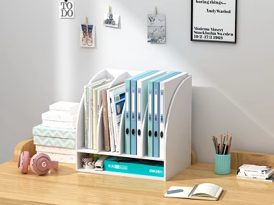 Folders in White Desktop Organizer with Blue and White Files on Wooden Desk and Stationery 3d model