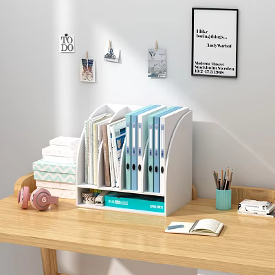 Folders in White Desktop Organizer with Blue and White Files on Wooden Desk and Stationery 3d model