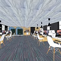 Modern Office Space With Wooden Desks White Chairs Computers And Unique Ceiling Design