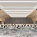 Elegant Banquet Hall With Arranged Tables Chairs Ceiling Lighting Wooden Decor And Large Sea View Screen