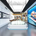 Modern Exploration Exhibition Hall with Blue Walls Digital Screens White Podiums Circular Ceiling Lights
