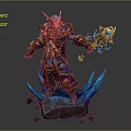 Fantasy Warrior Character With Ornate Armor Glowing Blue Weapon And Ice Creature On Stone Pedestal