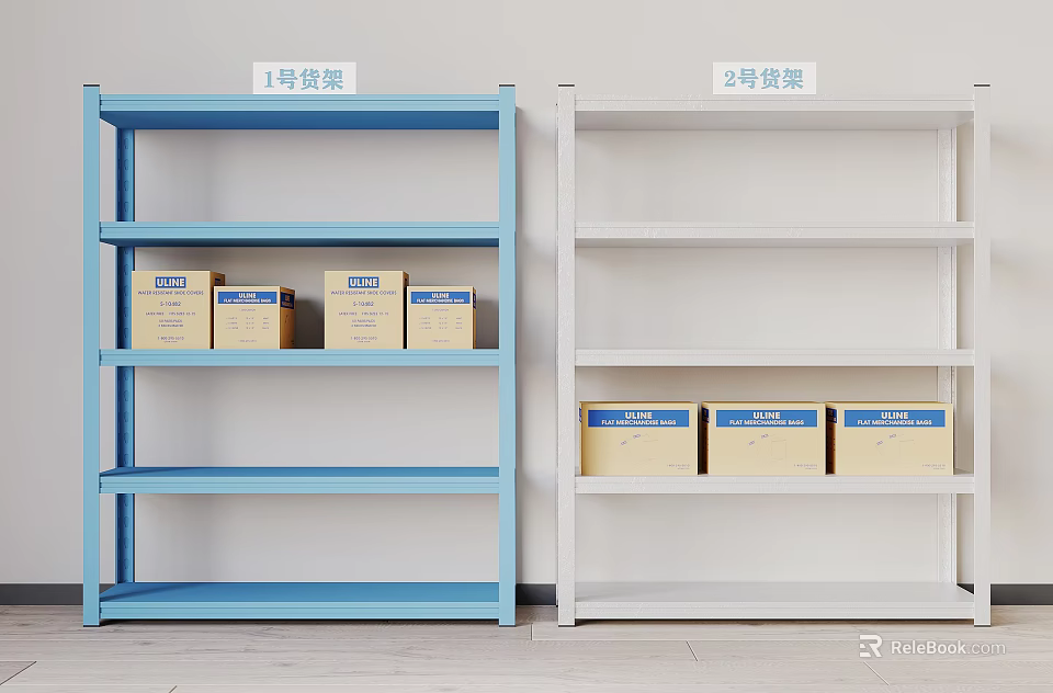Blue and White Storage Shelves with Multiple Layers and Yellow Storage Boxes 3d model 