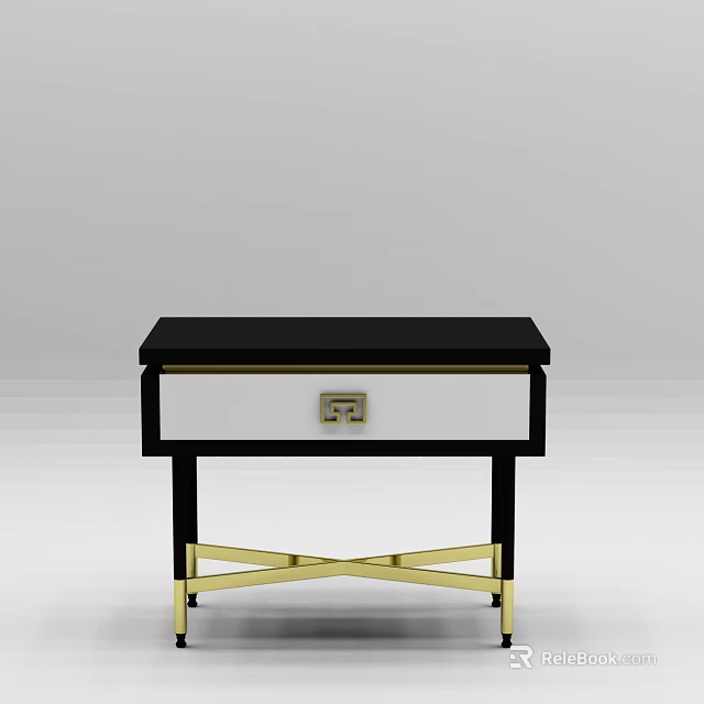 Contemporary Nightstand With Black Top White Drawer And Gold Cross Leg Design 3d model 