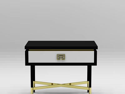 Contemporary Nightstand With Black Top White Drawer And Gold Cross Leg Design 3d model